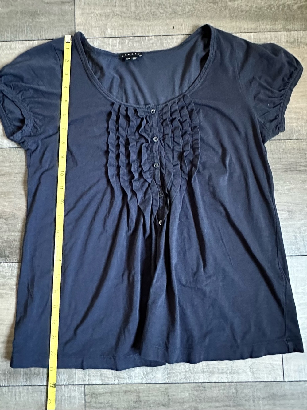 Theory Navy Blue Ruffle Front Puff Sleeve Balletcore Feminine Top M - Picture 7 of 8